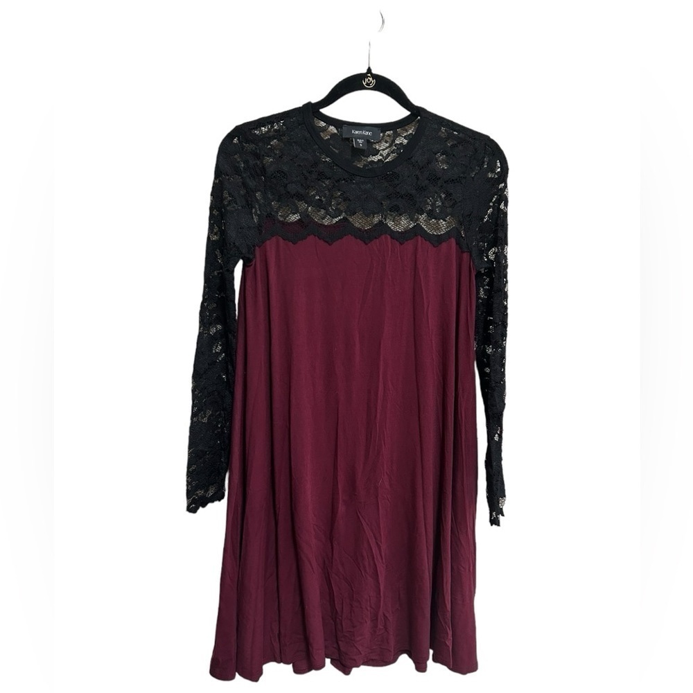 Karen Kane Dress Lace Sleeve Trapeze Swing Dress  Size Small Maroon Black